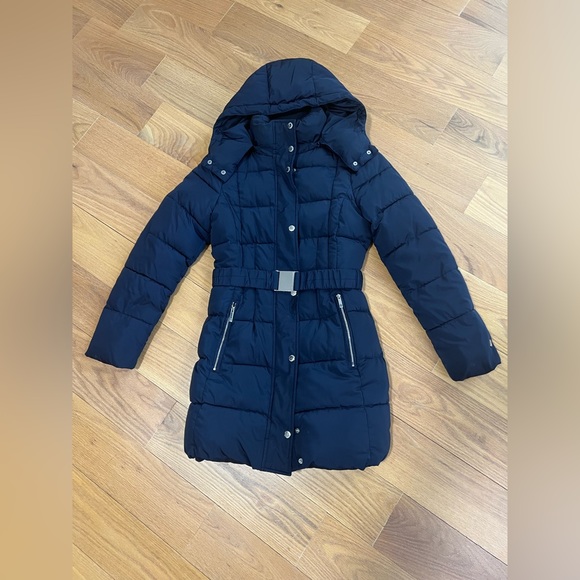 TOMMY HILFIGER Women’s navy blue belted long puffer coat jacket Size Small - Picture 2 of 3